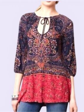 Meadow Rue Anthropologie Navy Paisley boho beaded Tunic size S